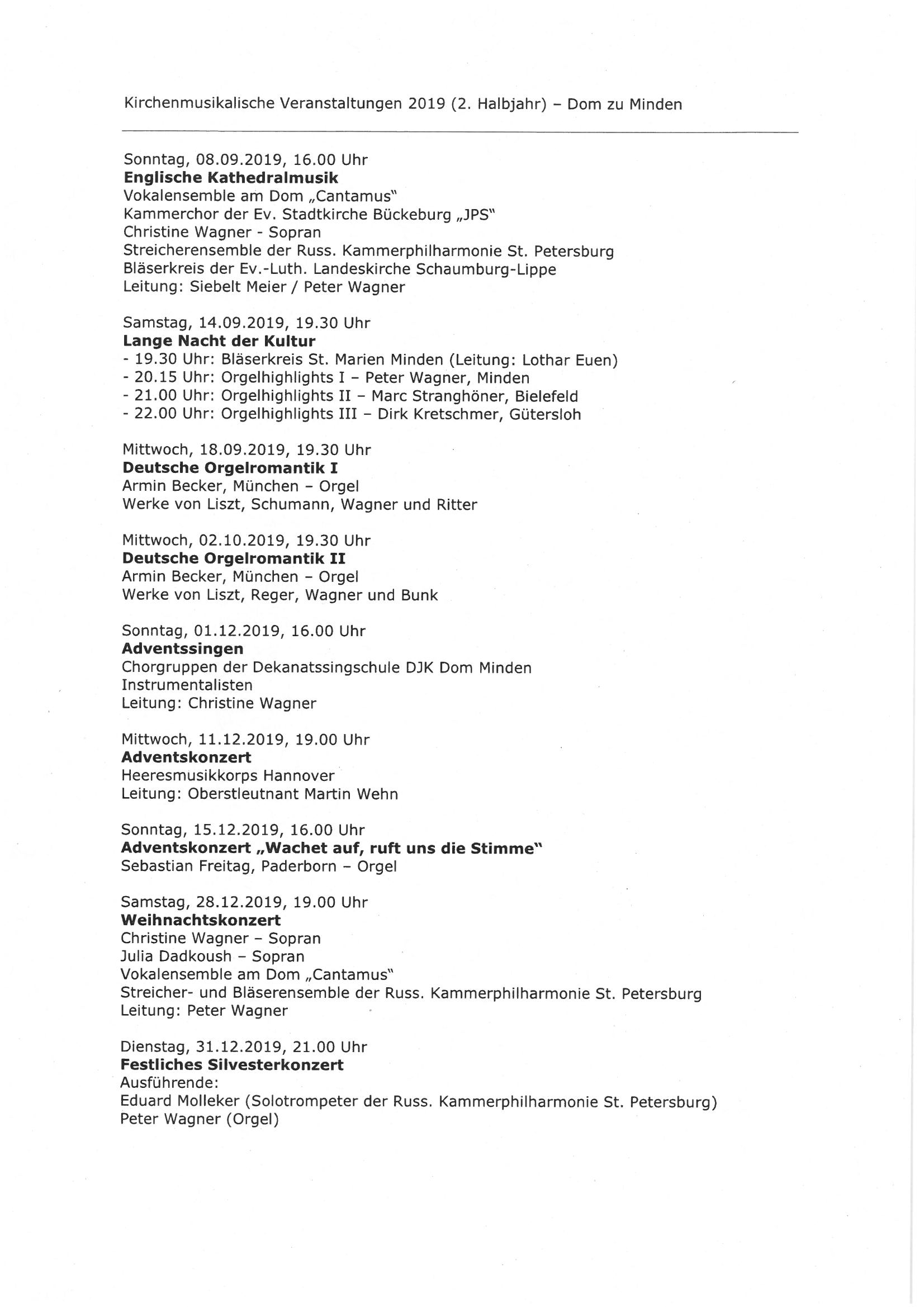 Kirchenmusikalische Veranstaltungen 2019 (2. Halbjahr)
